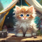 Fluffy orange and white kitten by canvas tent in forest setting