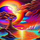 Colorful Psychedelic Landscape with Sun, Trees, Water, and Sailboats