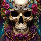 Skull with Filigree Tiara and Colorful Flowers on Dark Background