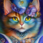 Colorful Steampunk Cat Illustration with Green Eyes