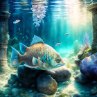 Colorful underwater scene with fish, sunbeams, pillars & marine life