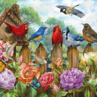 Colorful Birds Painting on Wooden Fence with Birdhouse and Flowers