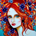 Colorful portrait of woman with red hair and multicolored flowers on blue background