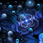 Stylized blue flowers with golden centers on dark celestial backdrop