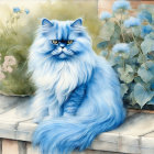 Fluffy cat with blue eyes in flower-filled setting