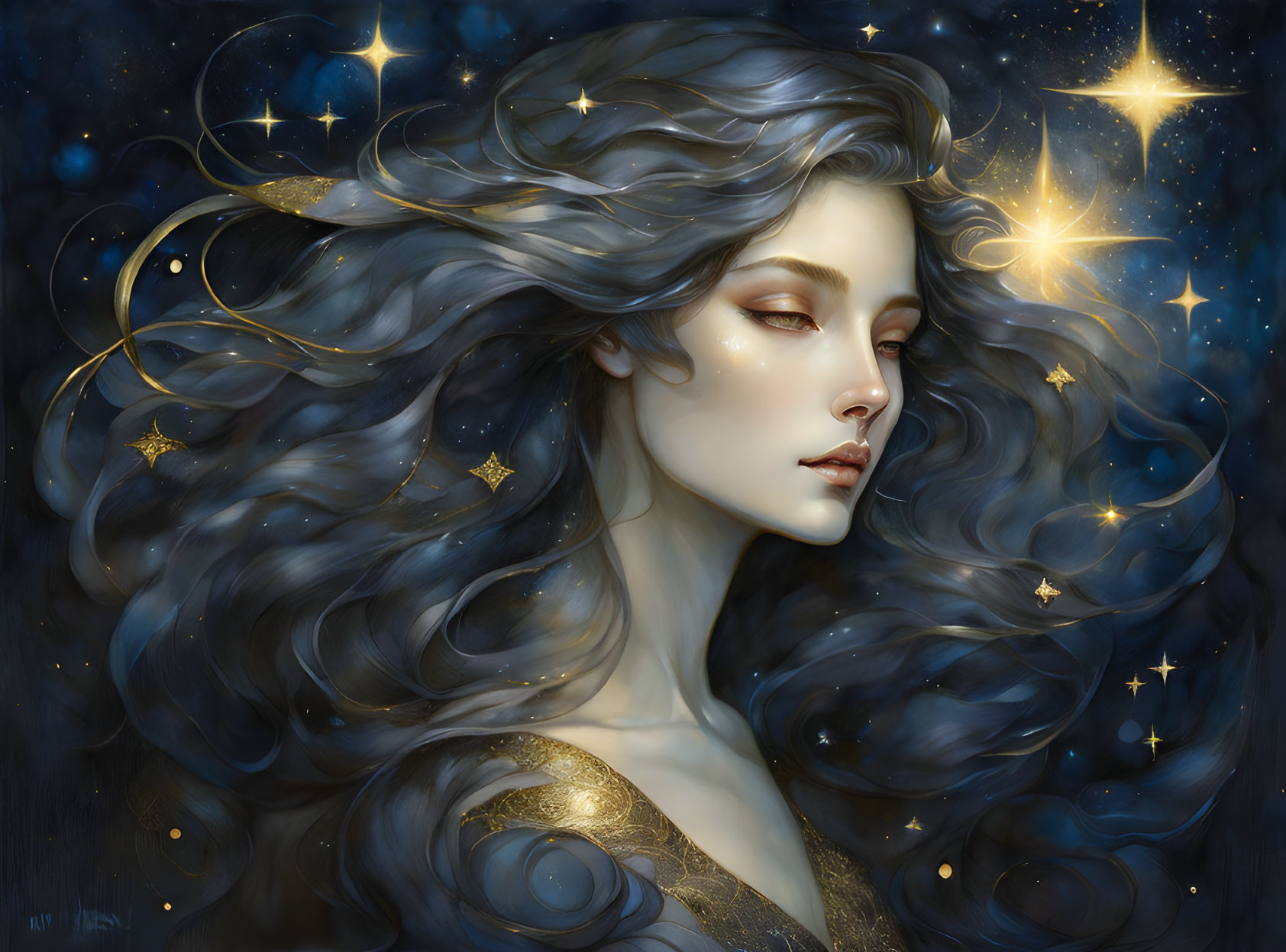 Ethereal woman with flowing hair in starry night setting