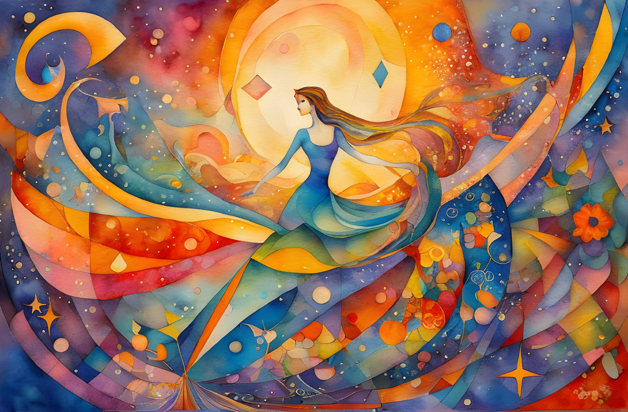 Colorful painting of female figure in flowing dress with abstract patterns & stars