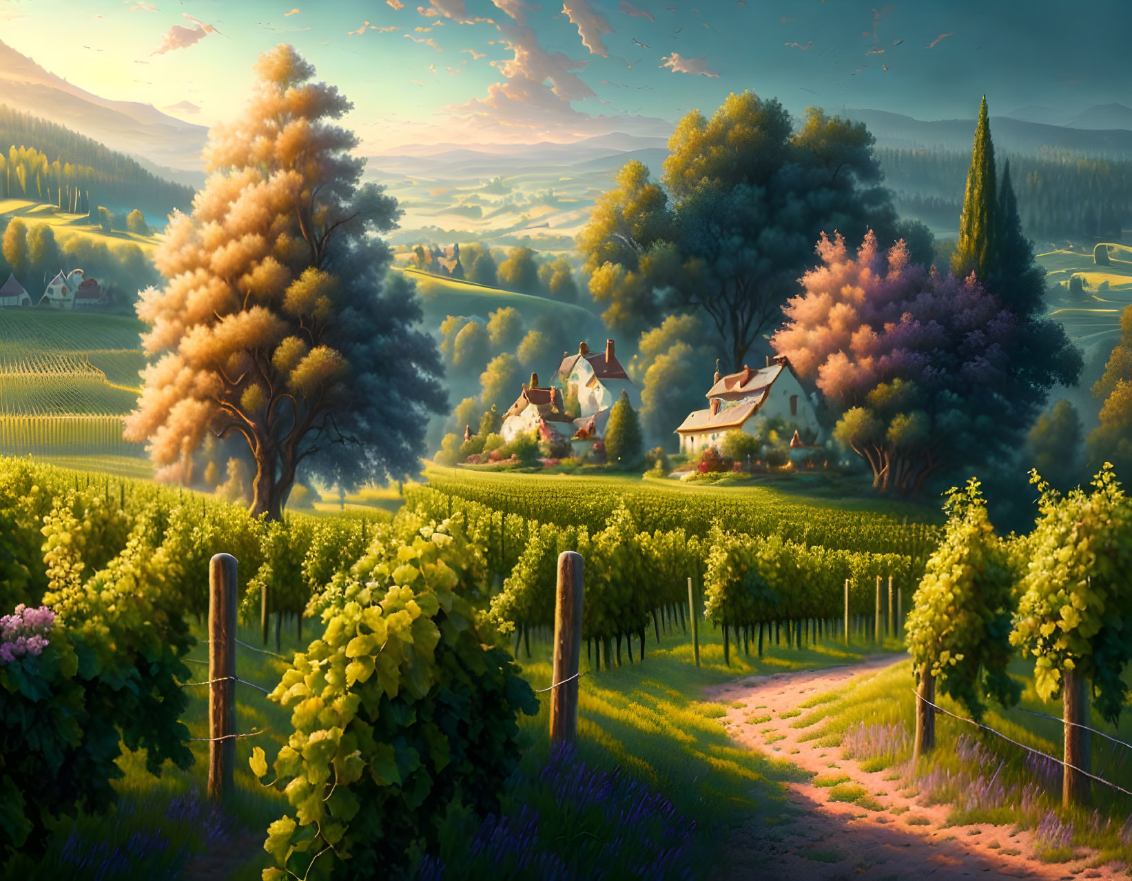 Tranquil sunset landscape with vineyards, path, houses, trees, and hills