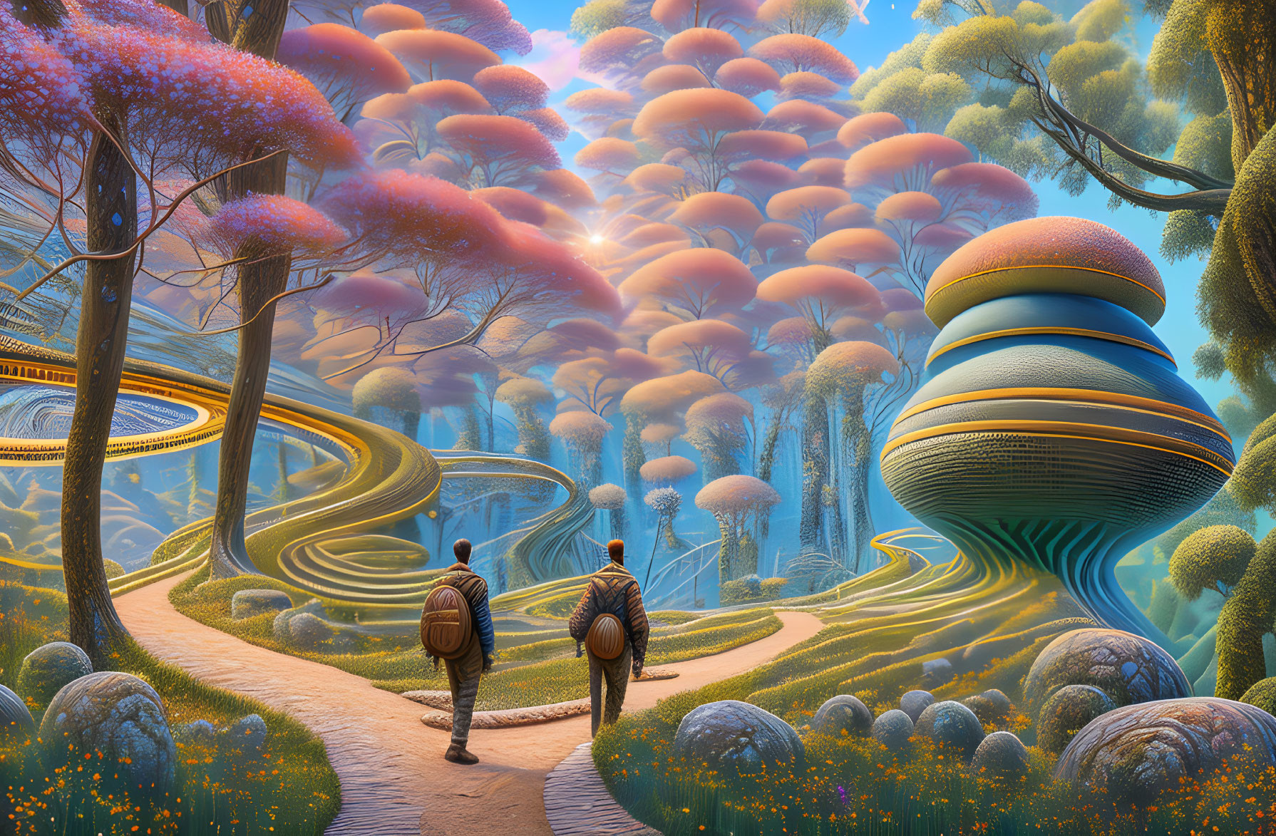 Two backpackers walking in vibrant, fantastical forest landscape