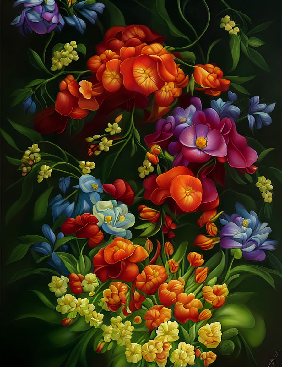 Colorful illustrated bouquet of flowers on a dark background