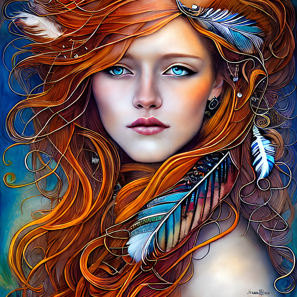 Vibrant Digital Art Portrait of Woman with Orange Hair and Feathers