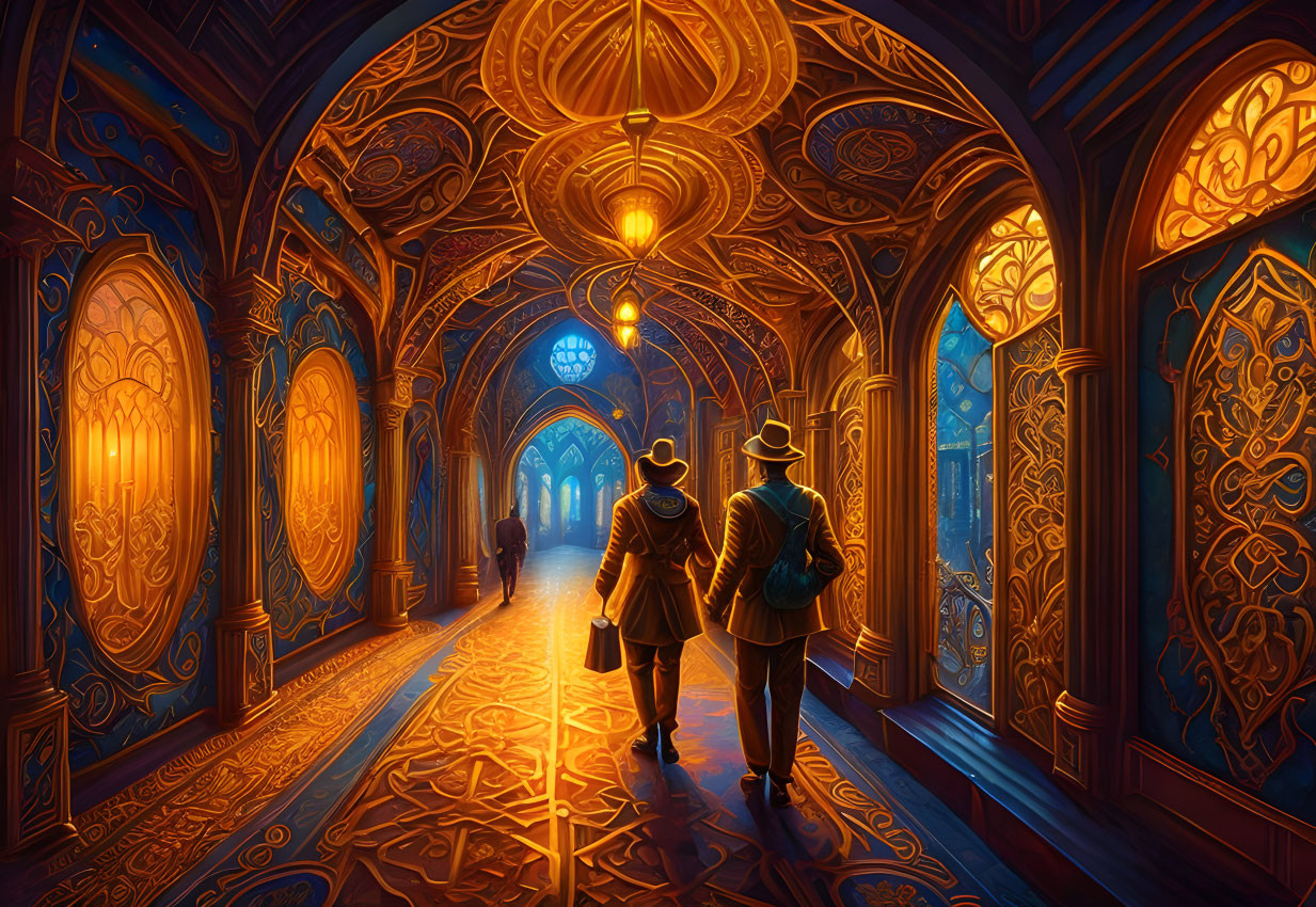 Ornately Decorated Corridor with Golden Patterns and Lanterns