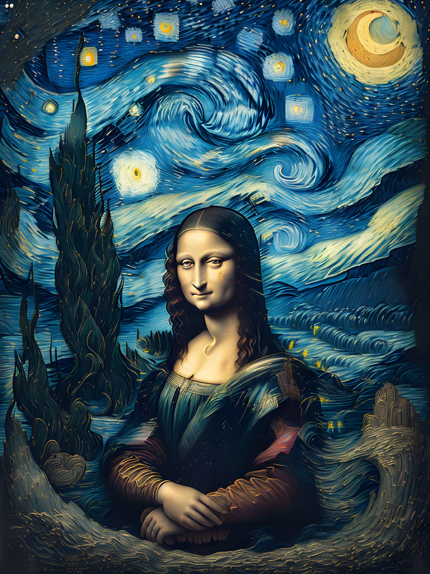 Digital Artwork: Mona Lisa blended with Starry Night