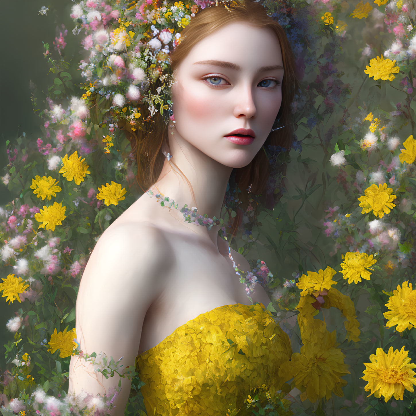 Fair-skinned woman surrounded by yellow flowers in detailed digital portrait