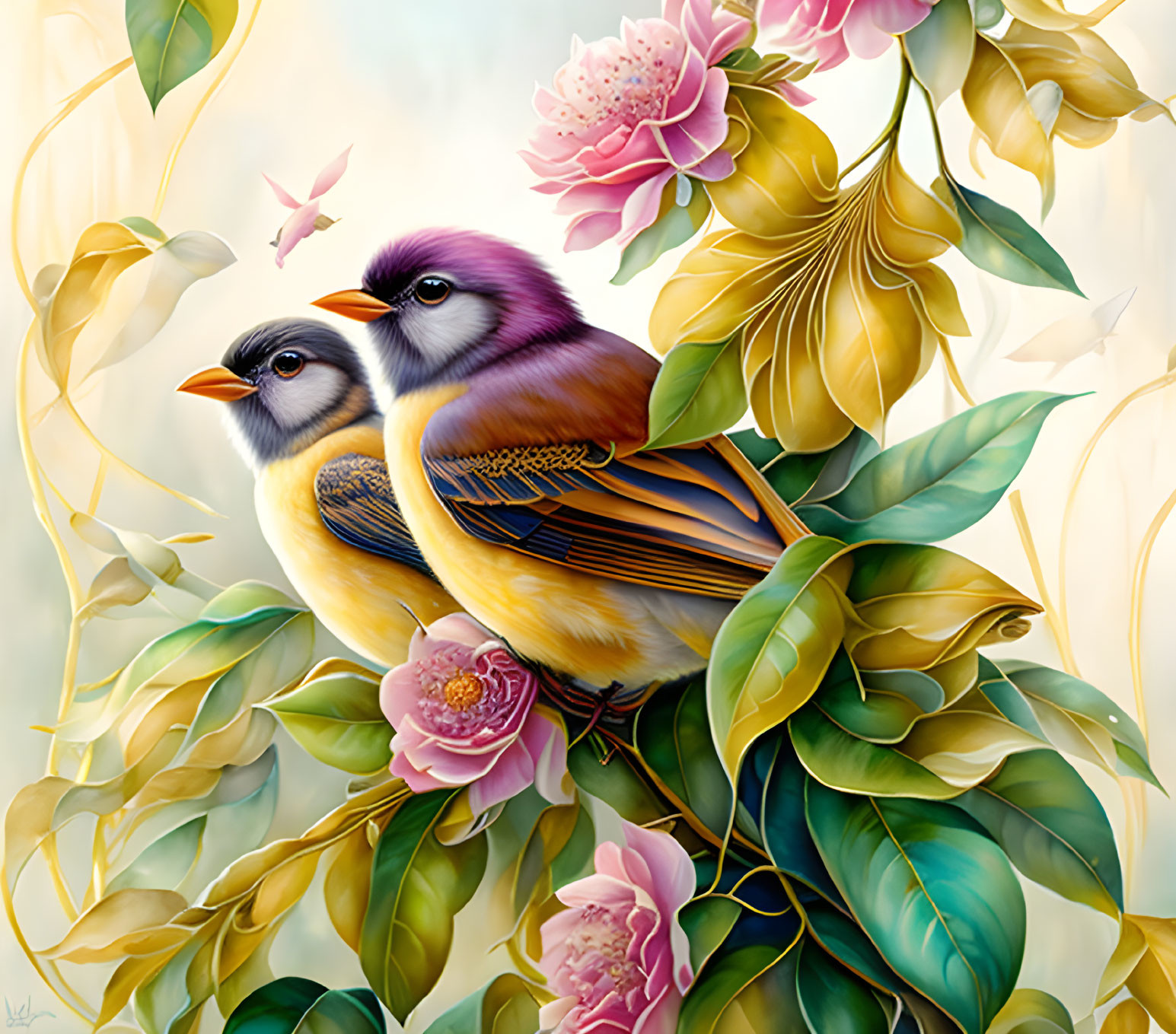 Colorful Birds Perched on Branches with Pink Flowers in Painterly Style