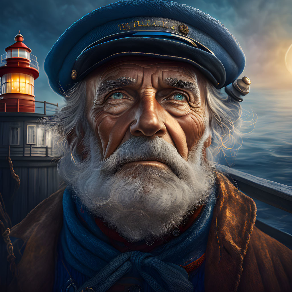 Elderly sea captain with beard and blue eyes by lighthouse at dusk