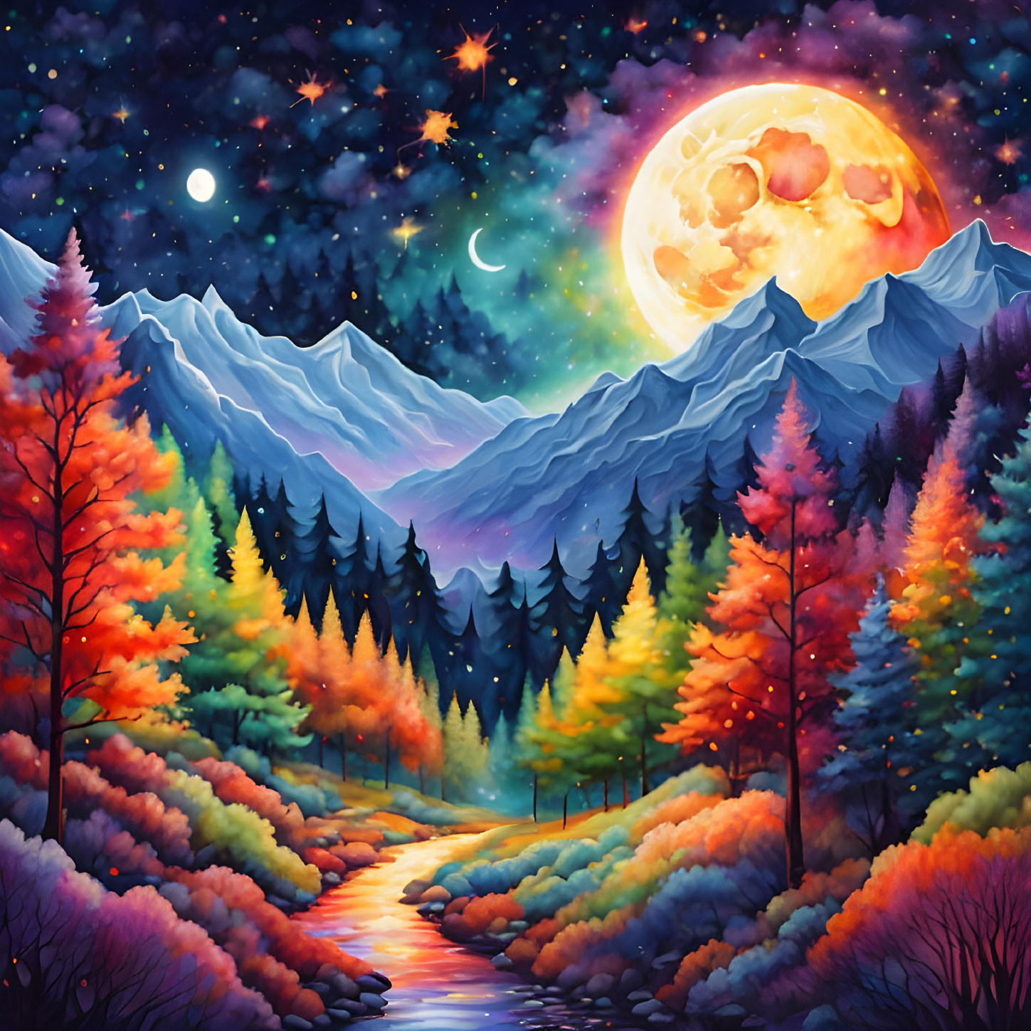 Colorful forest path under night sky with moon & stars