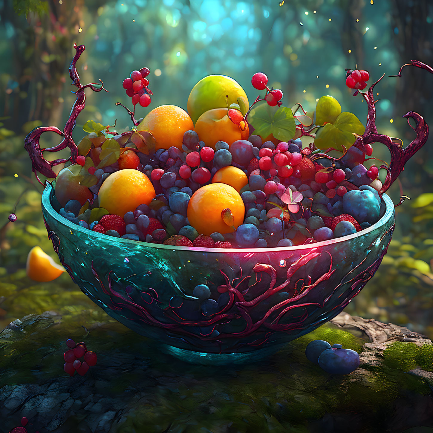 Vibrant mixed fruits in a mossy bowl with enchanted forest background