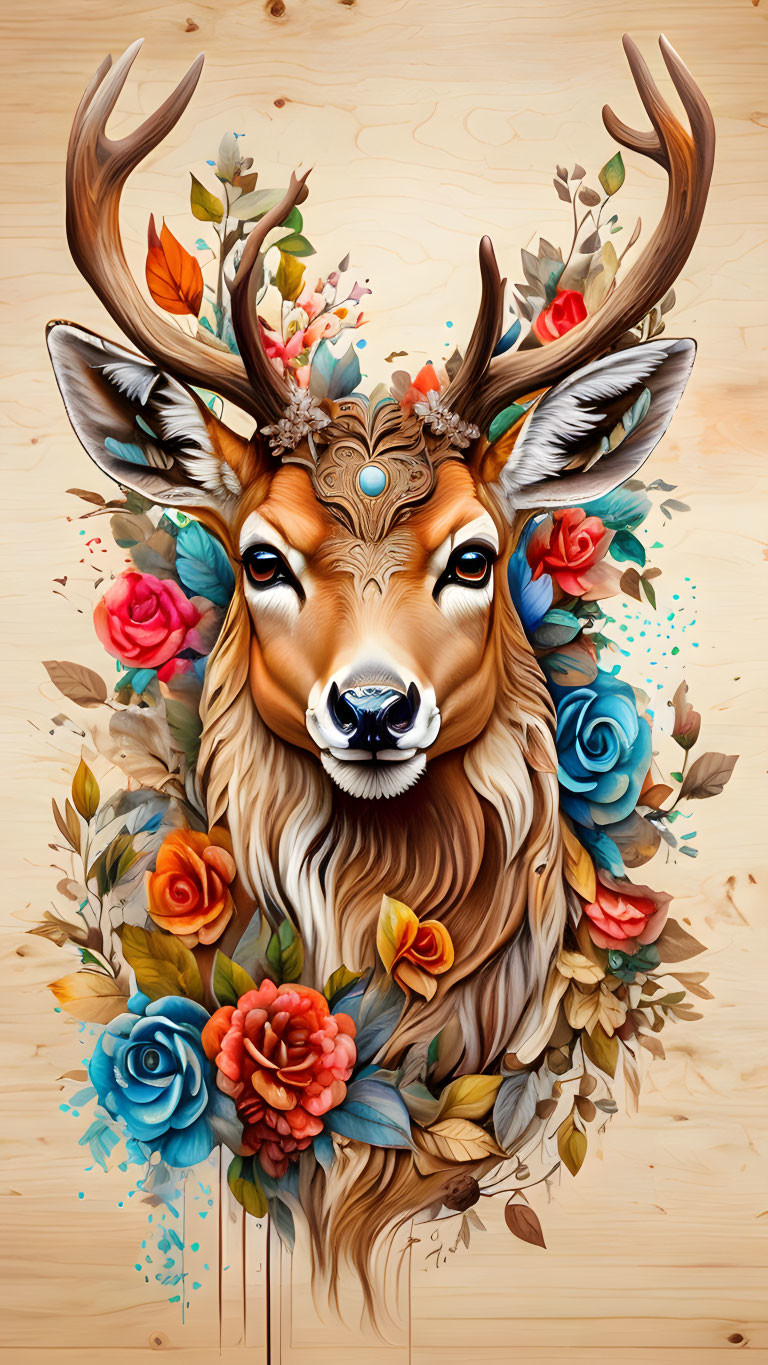 Elaborate stag surrounded by colorful flowers and leaves