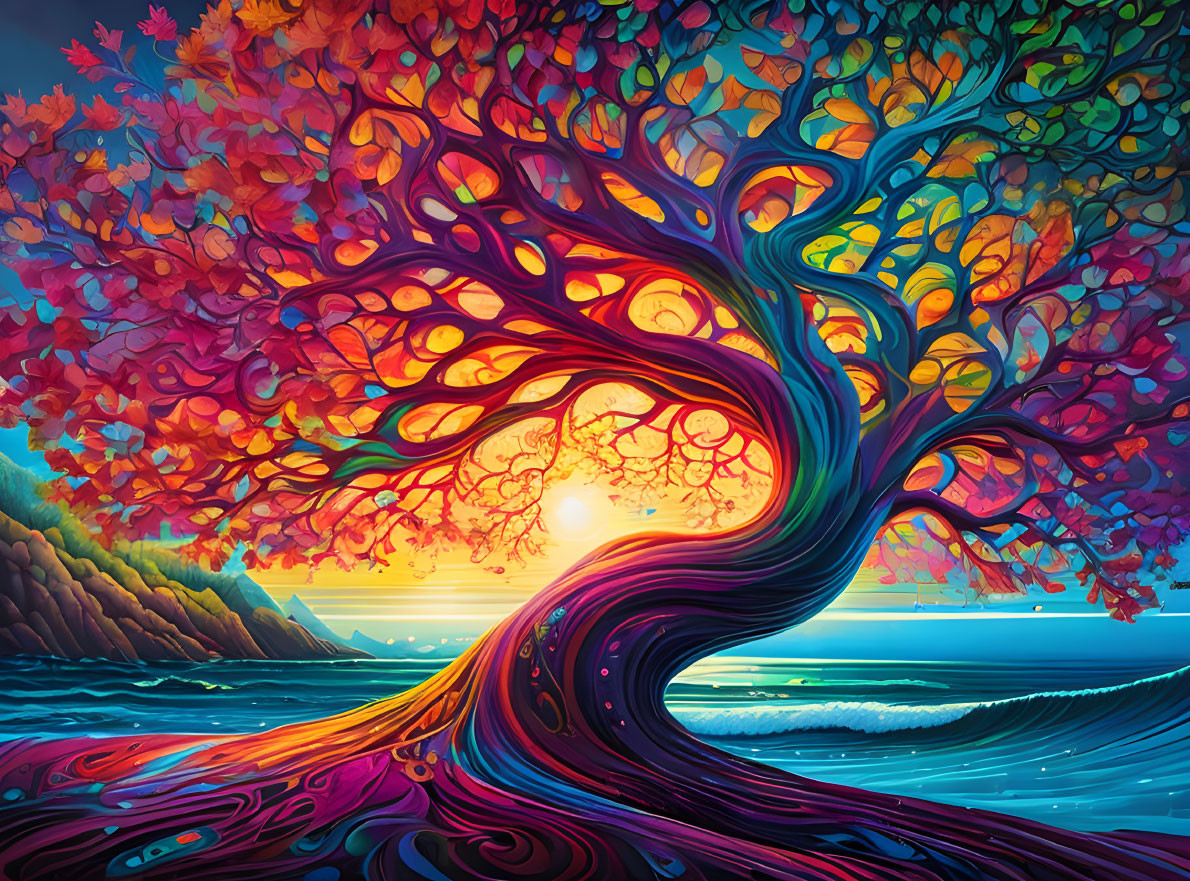 Colorful painting of swirling tree against sunset ocean view