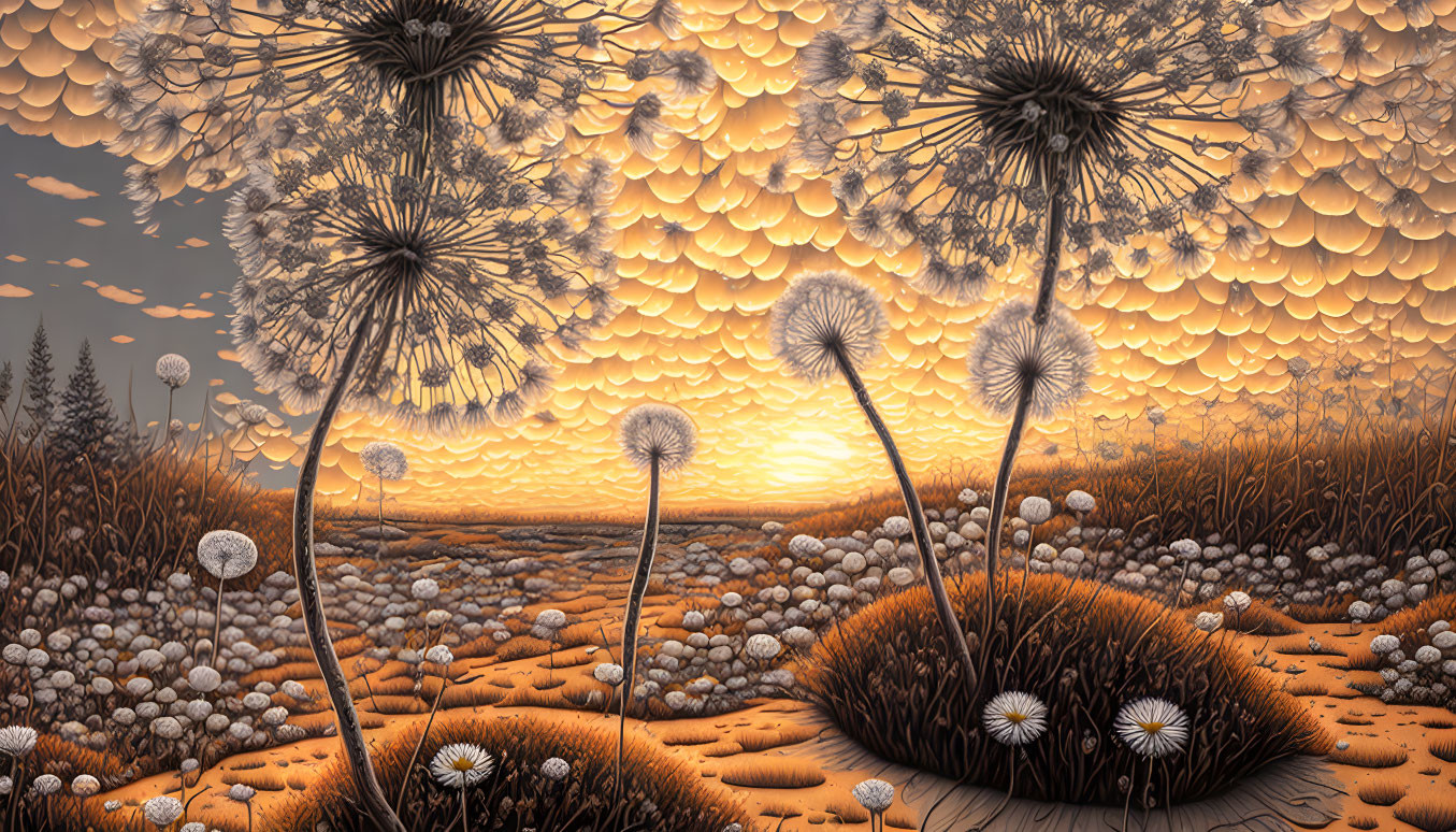 Surreal landscape with oversized dandelion-like plants under fluffy seed-filled sky