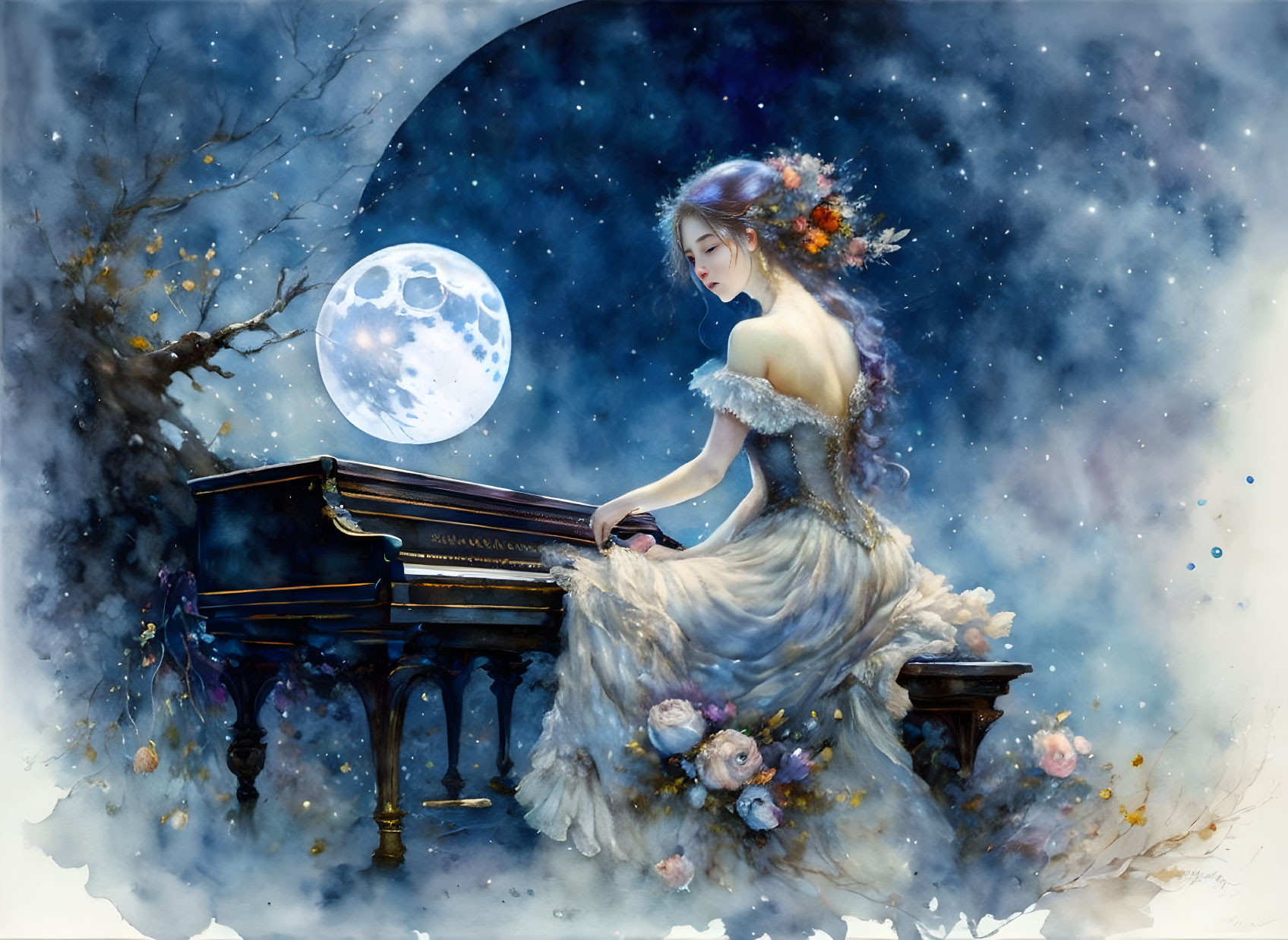 Ethereal woman playing grand piano under full moon