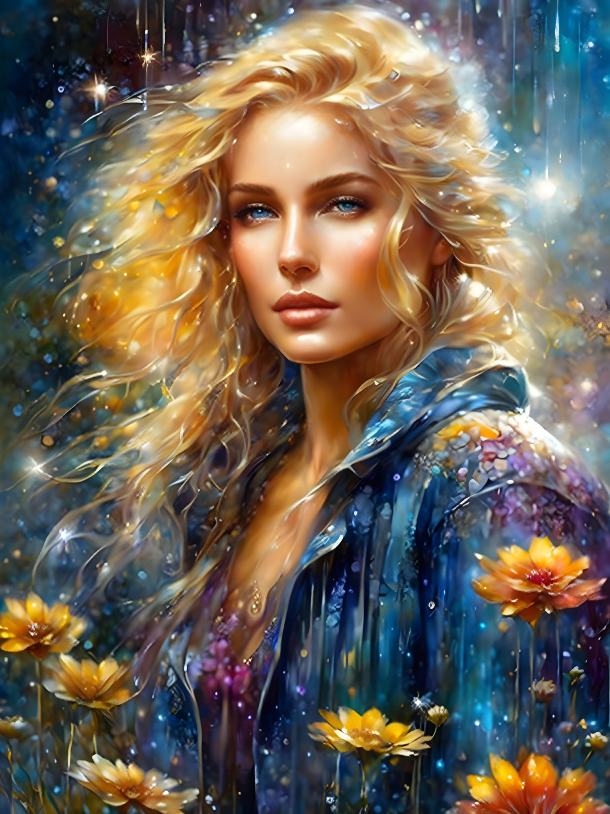 Digital painting: Woman with golden hair and blue eyes in mystical, starry setting