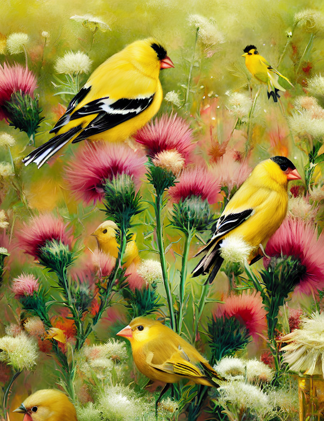 Colorful Finches Among Thistle Flowers on Yellow Background