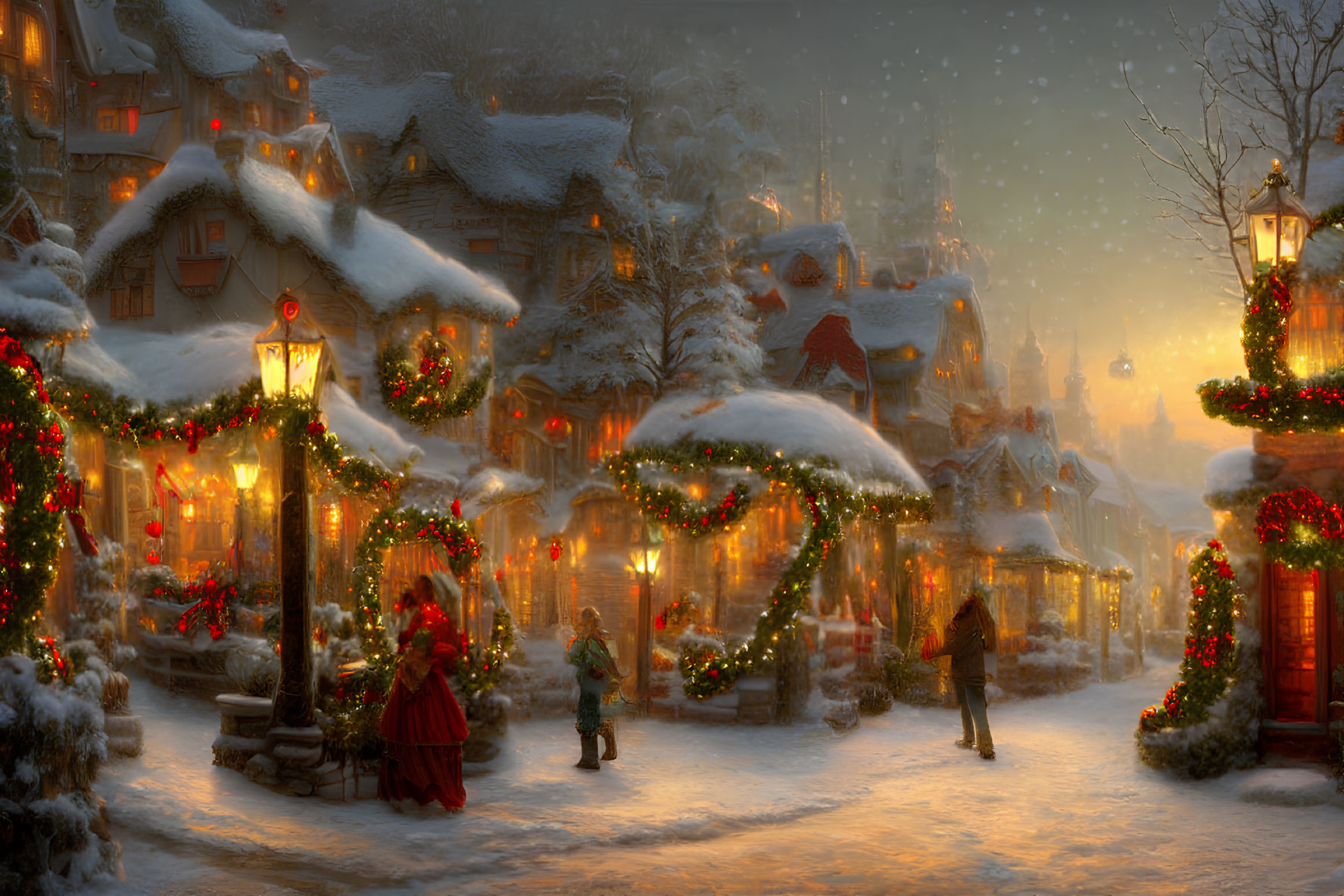 Snow-covered cottages in festive village scene with warm lights and Christmas decorations.