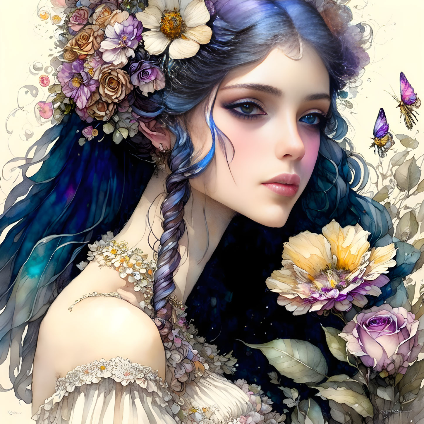 Detailed illustration of woman with blue hair, adorned with flowers and butterflies, exuding ethereal beauty.