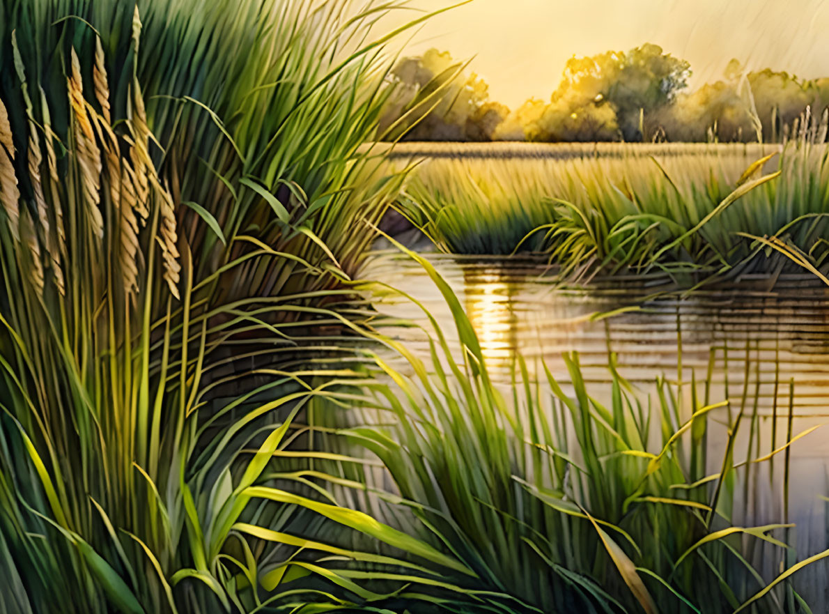 Tranquil lake sunset with lush greenery and wheat reflections