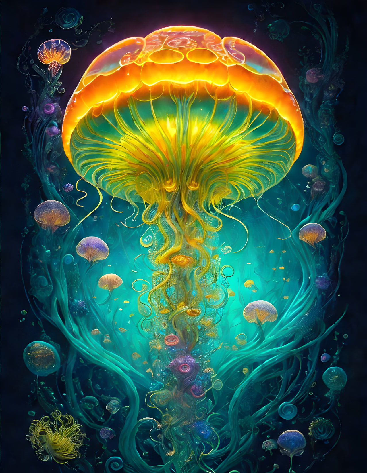 Vibrant orange jellyfish in blue ocean scene