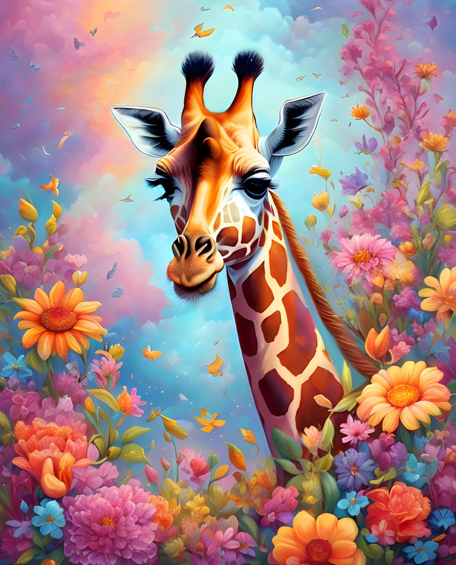 Vibrant giraffe illustration with flowers and butterflies