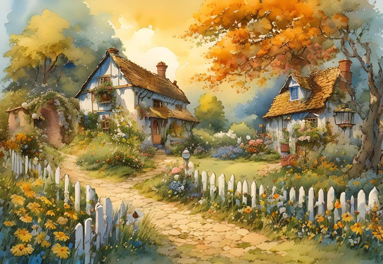 Idyllic painting of quaint cottages in lush autumn setting