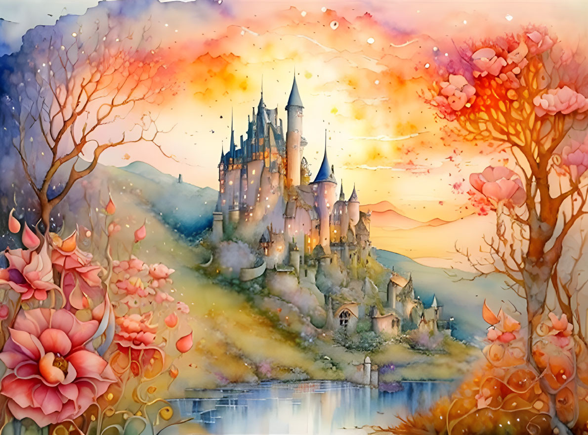 Fantasy castle watercolor painting at sunset with blooming trees and reflective river