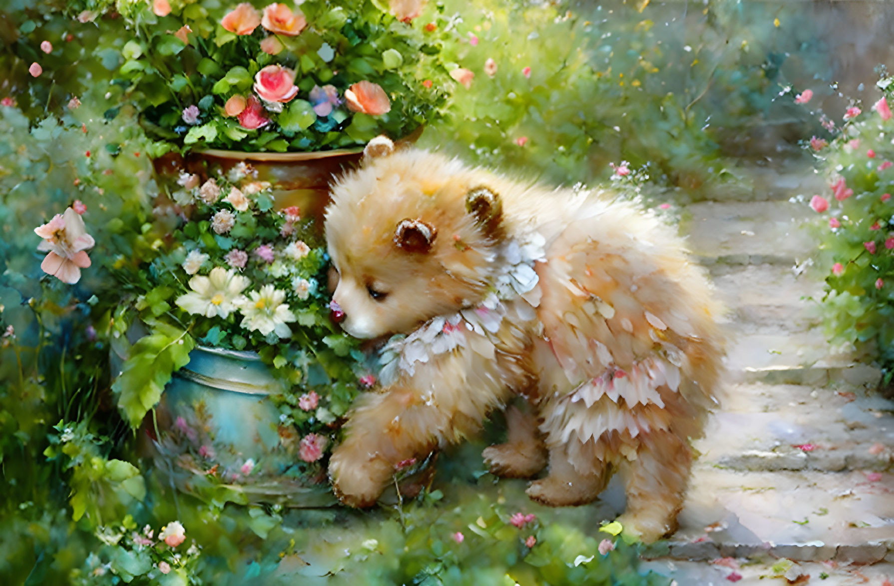 Fluffy teddy bear with flower collar in garden setting.