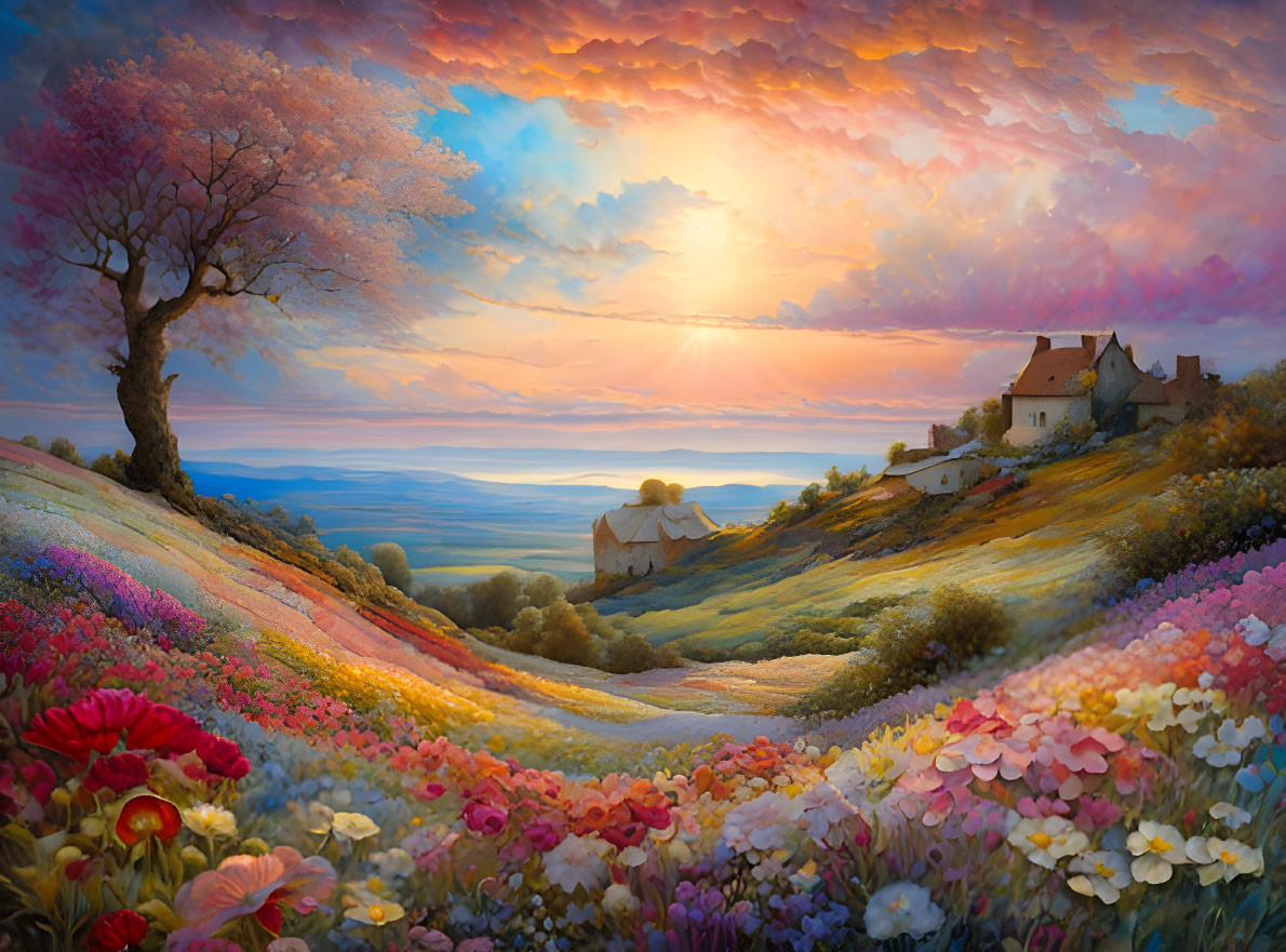 Scenic landscape with sunset sky, rolling hills, flowers, cottages & blooming trees