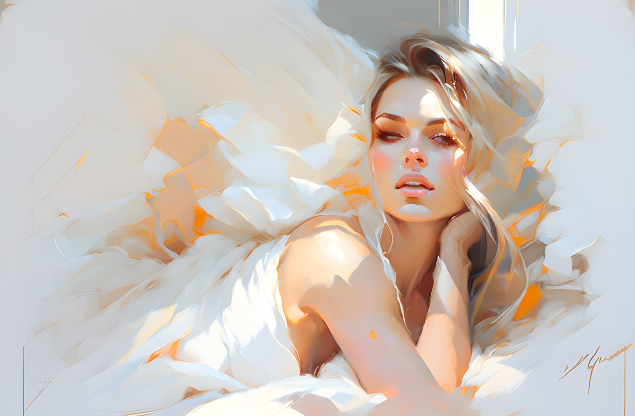 Digital painting of woman with golden hair in introspective pose