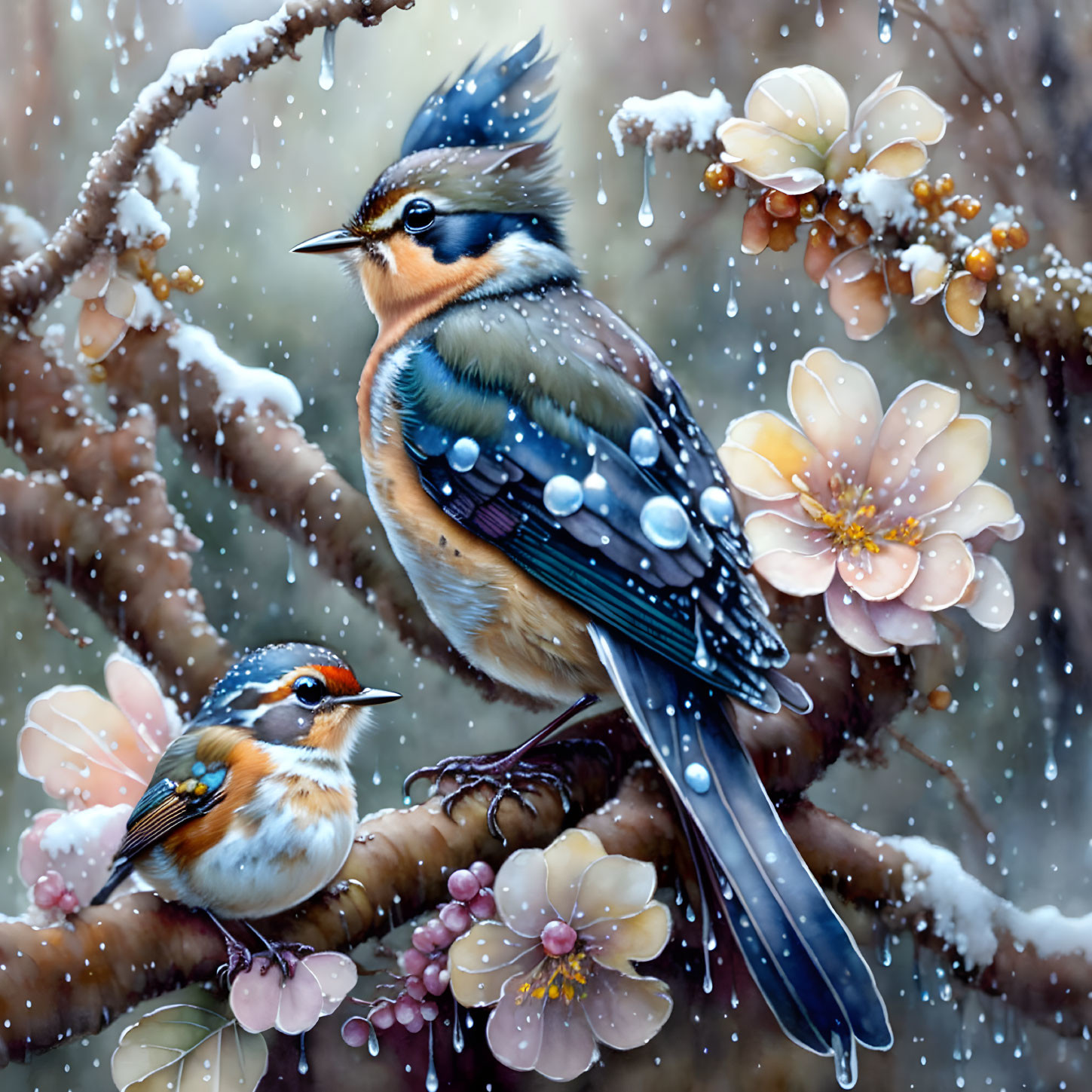 Colorful Birds on Blossoming Branch with Falling Snowflakes