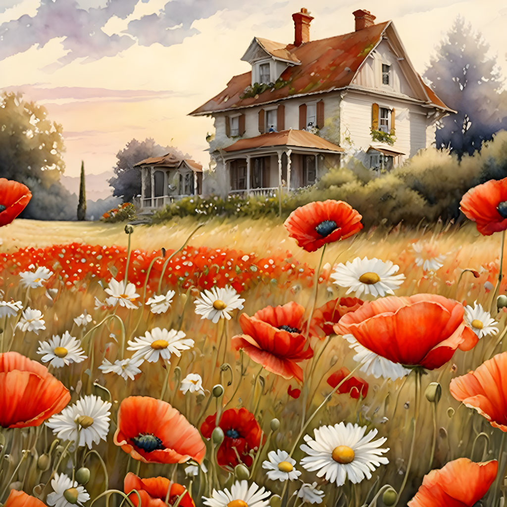 Rustic two-story house in vibrant flower field at sunset