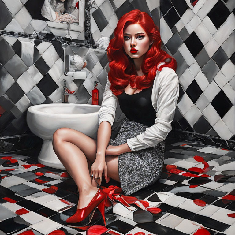 Stylized image: Woman with red hair near bathtub and rose petals