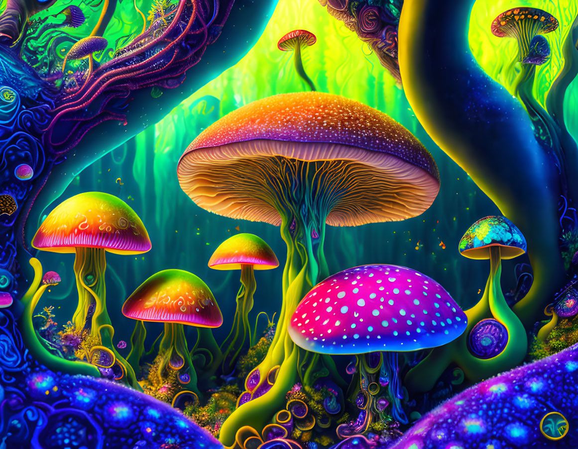 Colorful Digital Art: Fantastical Forest with Giant Mushrooms