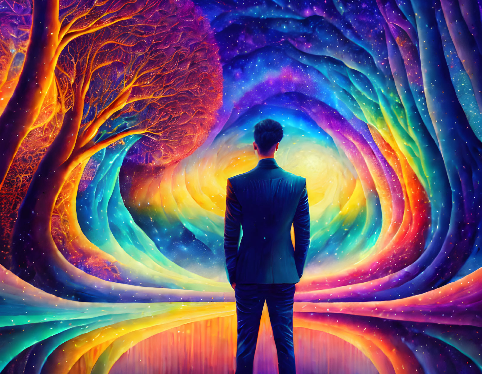 Man in suit before swirling cosmic vortex and colorful trees