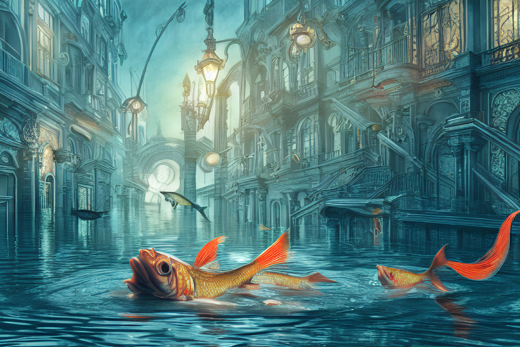 Goldfish swim in flooded ornate street with vintage lampposts and European-style buildings under blue