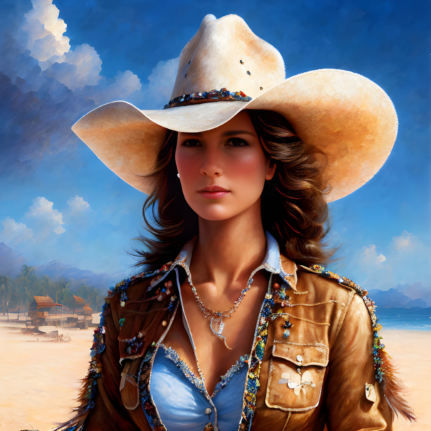 Digital illustration: Woman in cowboy hat & leather jacket on beach