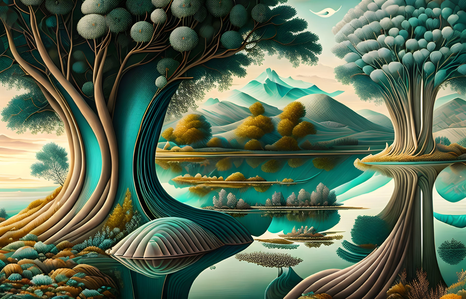 Surreal landscape with stylized trees, hills, and mountains under serene sky