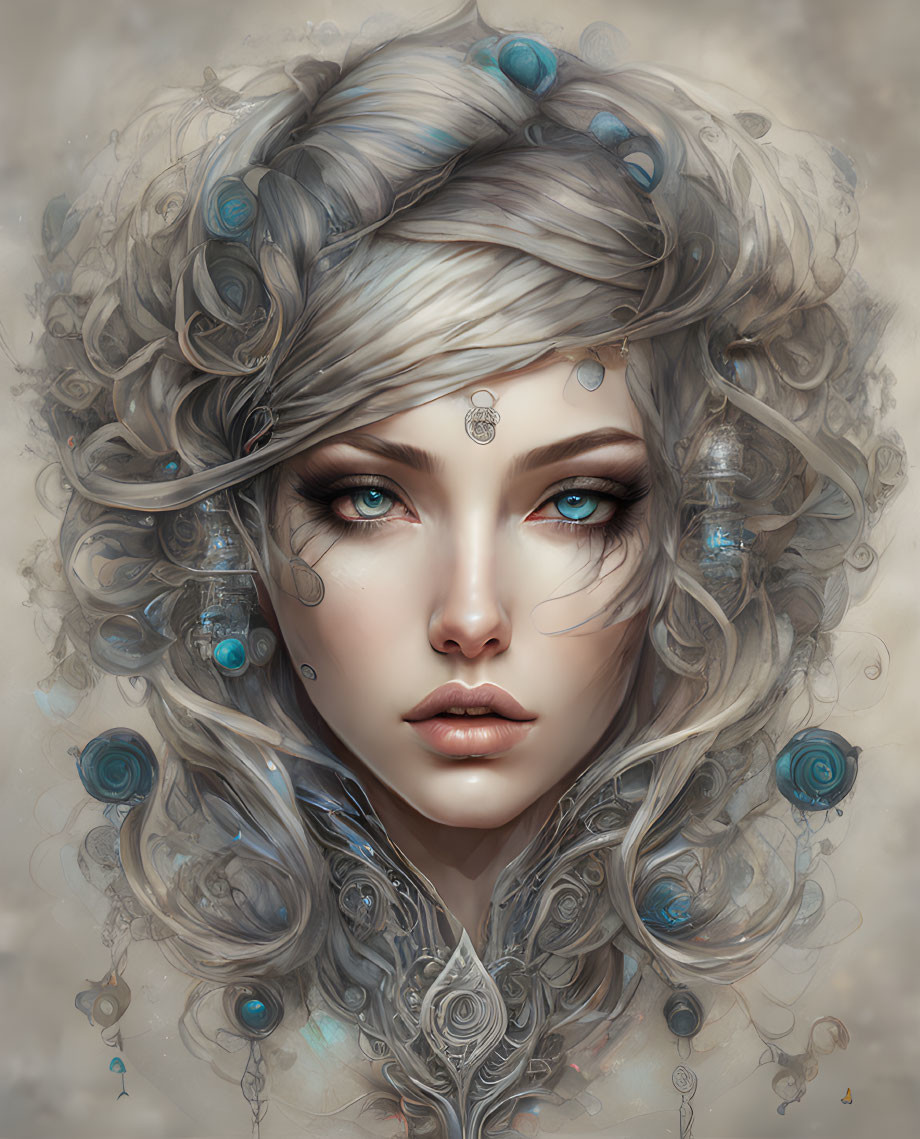 Detailed digital portrait of a pale-skinned female with blue eyes, silver hair, blue roses, and