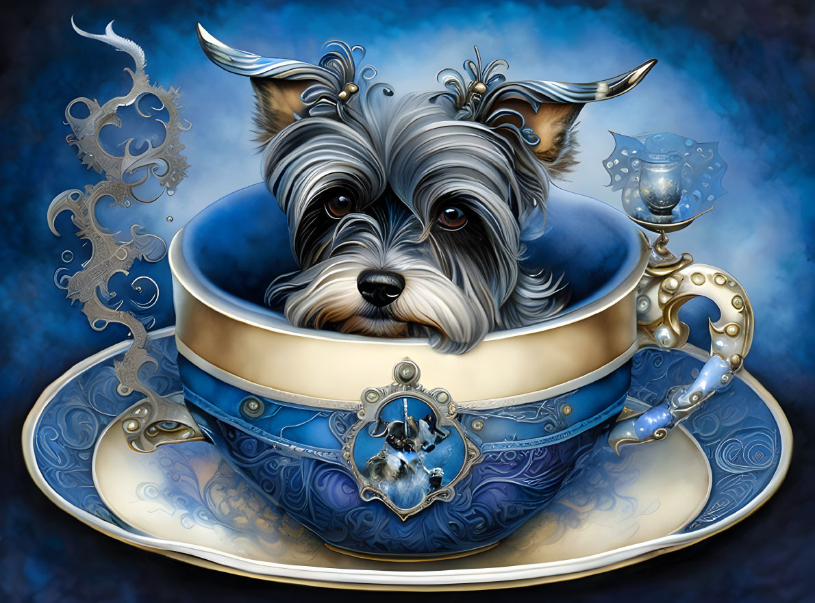 Stylized illustration of a small dog in a silver and blue bow in an ornate teac