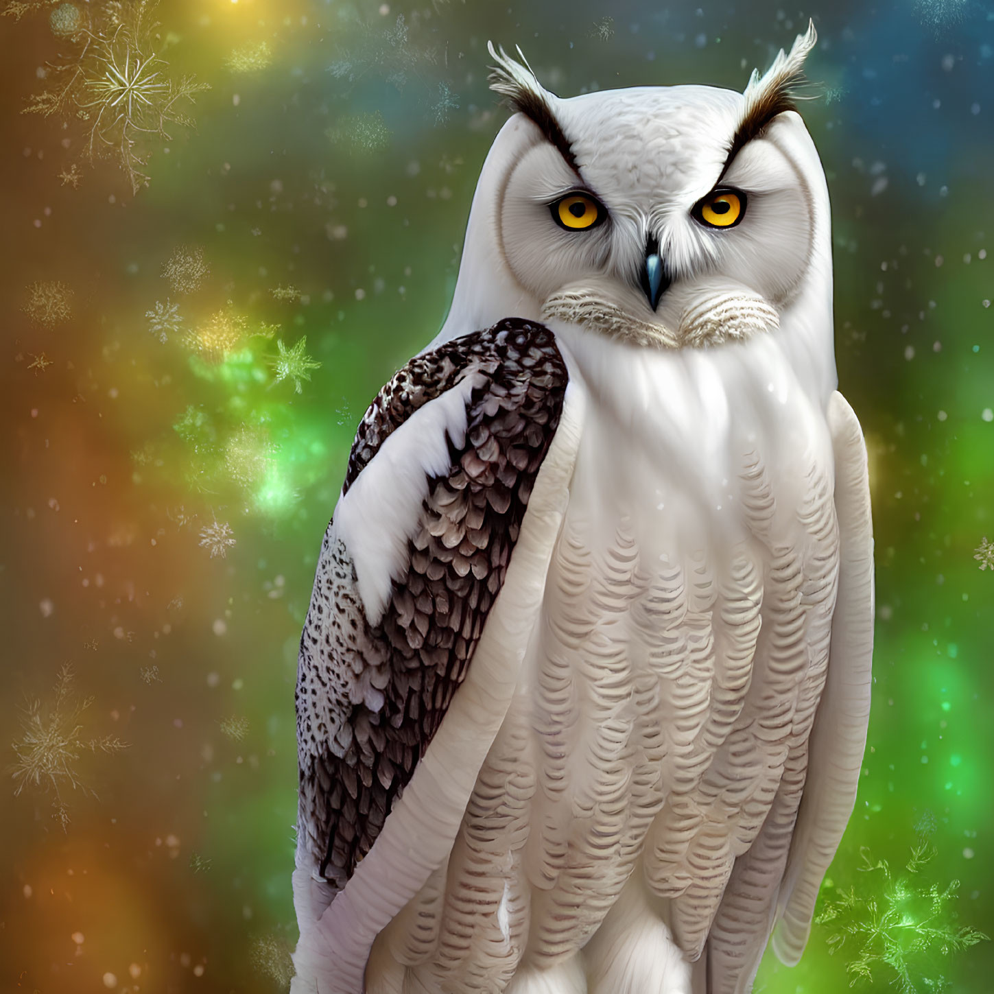 Detailed snowy owl digital illustration with yellow eyes and colorful snowflake background.