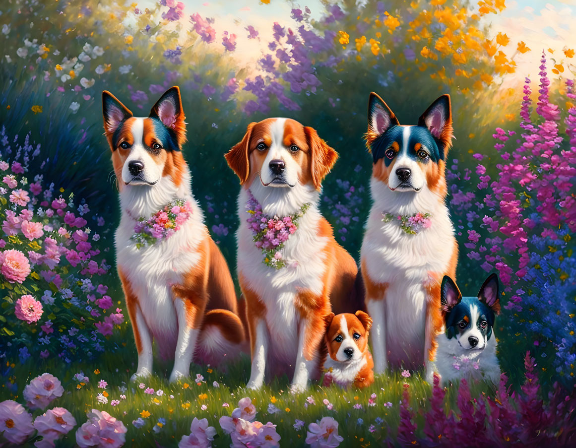 Five dogs wearing floral collars in a vibrant flower field